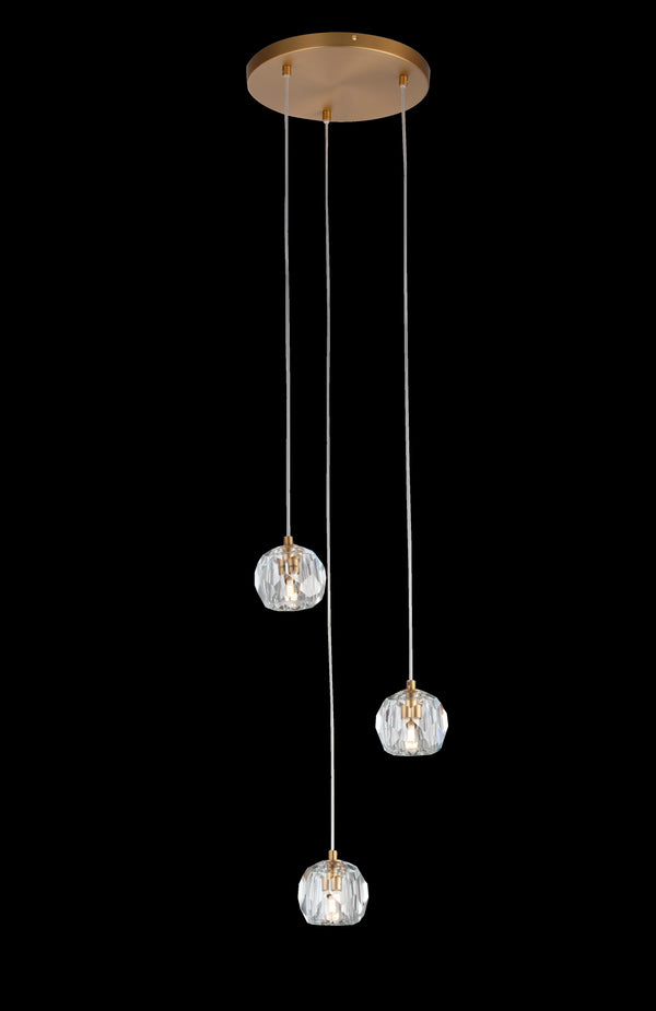 Three Light Round Brushed Brass Crystal Pendant Lamp