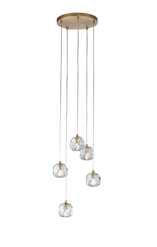 Five-Light Round Brushed Brass Crystal Pendant Lamp