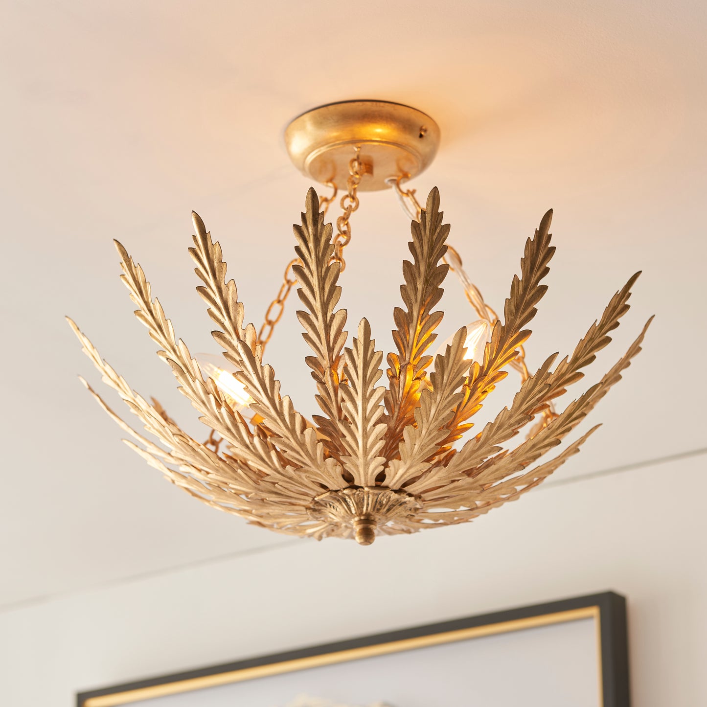 Opulent Gold Leaf Semi-Flush Light Fixture